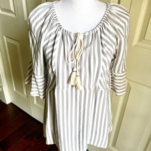 Ali Miles beige striped bell sleeves peasant top size S - Picture 1 of 4